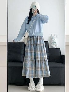 Kjolar kaka kjol ull midi för kvinnor vintage plaid höst vinter japansk stil trendig kvinna a-line söta studenter mångsidig