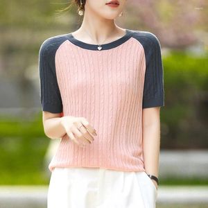 Kvinnors T-skjortor Summer Ice Silk T-shirt O-Neck Pullover Kort ärm modestickande färg som blockerar koreanska avslappnade toppar