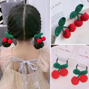 Süße rote Kirschhaarclip Haarnadel Kinder Hand gestricktes Haarband elastischer Haarseile Prinzessin Barrette Kopfschmuck Haarzubehör