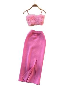 Dwuczęściowa sukienka Pink Women Knit Sets Camis Seksowna krótka elastyczna talia podzielona długą spódnicę moda solidna garnitury