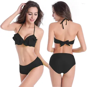 Kvinnors badkläder S feminina flonade topp underwire cup bikini beachwear vintage hög midja sexiga flickor svart 04#