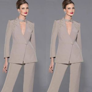 Suits Elegant Sequined VNeck Mother of the Bride Pant Suit with Long Sleeves Custom Made Wedding Attire