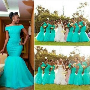 Heißer südafrikanischer Stil Nigerianische Brautjungfernkleider plus Größe Mermaid Maid of Ehrenkleider für Hochzeit von Schulter türkis Tüll Kleid 231K