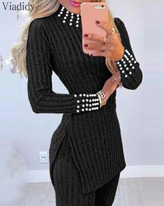 Work Dresses Women's Suit Casual Knit Beaded Side Slit Long Sleeve Top Sweater & Pants Set