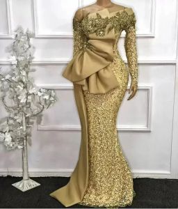 Klänningar eleganta afrikanska aftonklänningar långa ärmar paljetter sjöjungfru formell klänning aso ebi guld pärlor prom klänningar mantel de soiree skräddarsydd