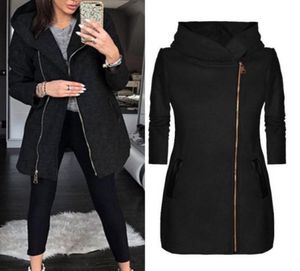 2019 Autumn Long Coat Black Coat Mulheres com zíper de mangas compridas Jaquetas capuzes casuais femininos finos e finos para fora roupas de roupas 5009403