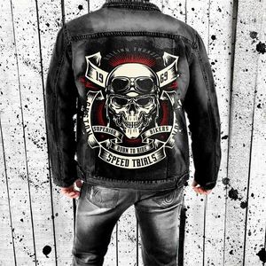 Jackets Jackets de Jackets 2024 Primavera e Autumn European American Skull Bone Print para fazer jeans antigo de lavagem