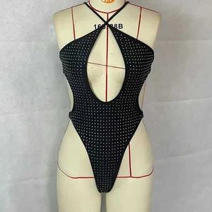 Women's Jumpsuits Rompers AVV Summer 2023 Fashion Diamonds Shiny Sexy Bikini Bodysuit Backless Cross Lace Up Sexy Hollow Out Back Tight Overalls Tops Y240515