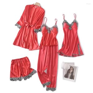 Kvinnors sömnkläder orange röd 5 stycken kvinnor pajamas set spets satin sommar siden badrock nattkläder pyjama sömnrockar lounge set