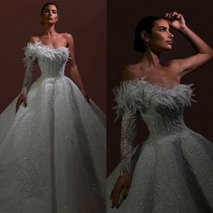 Gorgeous Ball Gown Wedding Dresses Designer Irregular Appliques Sequins One Sleeve Backless Court Gown Custom Made Bridal Plus Size Vestidos De Novia