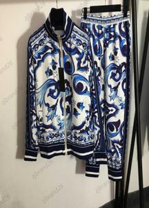 Womens Two Piece Pants Long Sleeve Zipper Collar Blue And White Porcelain Print Coat Tops Side Lettered Webbing Slacks Trousers Wo7890248
