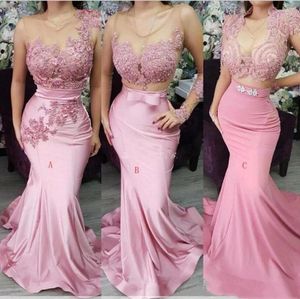 Вечеринка платья Женщины кружевные аппликации русалка вечернее платье розовое иллюзию с длинными рукавами бисера