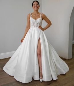 A Line Satin Lace Wedding Dresses Straps 3D Flower Appliques Beaded Sequines Split Bridal Dress Women Formal Bride Gown Sweep Train Vestidos De Novia