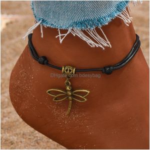 Anklets 50Pcs/Lot Vintage Star Heart Love For Women Men Ankle Bracelets On Foot Fashion Handmade Wax Rope Chain Friendship J Dhgarden Ot860