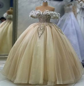 2024April aso ebi champagne pärlstav quinceanera klänningar fjäder kristaller boll klänning prom kväll fest tävling födelsedag klänning klänning