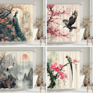 Shower Curtains Chinese Ink Painting Curtain Koi Cherry Blossom Sun Eagle Peacock Parrot Landscape Polyester Fabric Bathroom Deco