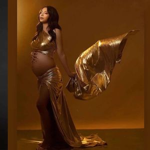 Golden Maternity Photography Props Wrap tygklänning Bakgrund för fotoshoot av gravida kvinnor Sier Shiny Stretch Fabric