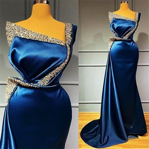 2021 Royal Blue Satin Mermaid 형식 여성 이브닝 드레스 Afriacn Bead Plus 크기 파티 가운 Robe de MAINTHER 241W