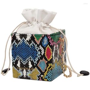 Bag ThreePeas Fashion Snake Mönster Female Square Box Messenger With Drawstring Chain Girl Small