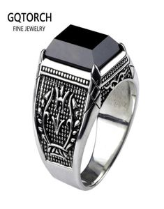 Prawdziwy czysty 925 Srebrne pierścienie męskie z czarnymi O. Natural Cone Pierścienie Retro Grawerowane punkowa rock biżuteria 2106232115912