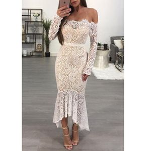 Selbst Duna 2018 Frühlings Sommer weißer Spitze langes Kleid von Schulterkleidern Sexy Slash Neck Langarm Frauen Maxi Club Party Kleid1388776