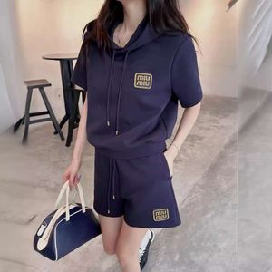 Women's Suits & Blazers Mm Home 24ss New Embroidered Gold Thread Letter Hooded Short Sleeves+shorts Set Fashion Versatile
