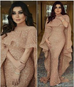 2020 Bling Mermaid Evening Gowns with Long Cape Glitter Glued Lace Illusion Arabic Middle East Custom Made Plus Size Trumpet Prom 6457419