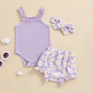 Floral Print Baby Girls Clothes Set Summer Ribbed Newborn Outfits Princess Sleeveless Romper Daisy Shorts Headband Infant Suits L2405