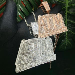 New Iced Out Bling Letters ATM Addicted To Money Pendant Necklaces Silver Color Rectangle CZ Zircon Charm Men's Hip Hop Jewelry