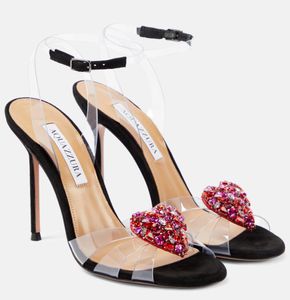 Summer Popular Women Aquazzura Sandals Shoes !! Luxurious Brand Pumps Love Me Crystal-heart Embellished PVC High Heels Wedding,Party,Dress,Evening