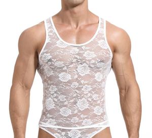 Sexy Lace Mens Tank Tops Transparent Mesh Singlet Shirts Gay Exotic Home Lounge Sleep Wear Undershirt Summer Vest6203564