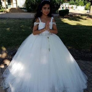 Novos vestidos de menina de flores fofos baratos para casamentos Apliques de renda de renda com mangas tule tule meninas vestido de concurso infantil crianças comunhão 279j