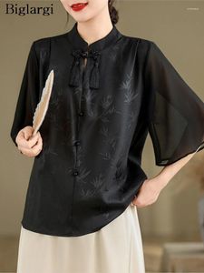 Blusas femininas de verão de tamanho grande camisa chinesa tops femininos impressão floral modis alargados de manga curta mulher solta mulher plissada