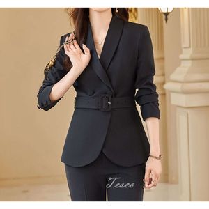 Tesco Women Elegant Suit 2 Piece Solid Blazer With Belt+Pencil Pants Formal Jacket For Office Lady Slim Fit Female Outfits