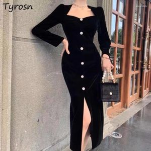 Casual Dresses Black Women French Style Elegant Office Lady Pleuche Defined Autumn Square Collar Chic Temperament Long-sleeve Vestidos