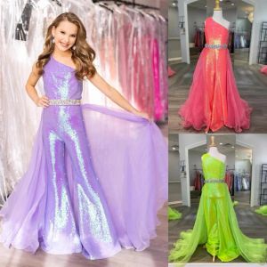 Dresses Lilac Girl Pageant Dress Jumpsuit 2023 Sequin Romper Flared Pants Organza Crystal Skirt Little Kid Birthday OneShoulder Formal Pa