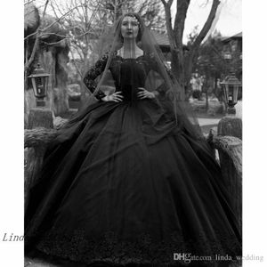 2019 Neues Langarm -Ballkleid Schwarzes Gothic Hochzeitskleid Arabisch viktorianische Spitzenapplikation Brautkleid Plus Größe Mitte Made Vestido de N 268H