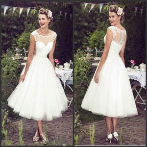 2024 Sheer Scyk Applique Lace A Line Tea Long Briste Bridal Suknie Vestidos de Noiva 2023 Nowe krótkie suknie ślubne plażowe 328J