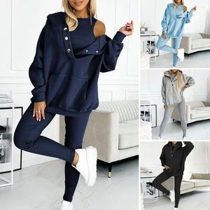 Women's Two Piece Pants Women Hooded Casual Suit Solid Color 3-piece Set Cozy Hoodie Vest With Elastic Waist Button For Fall/winter