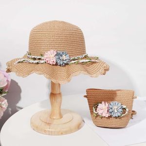 1 Pcs Summer Hats Girls Flower Wide Brim Casual Toddler Baby Straw Hat with Shoulder Bag Sun Beach Travel Sunshade Caps L2405