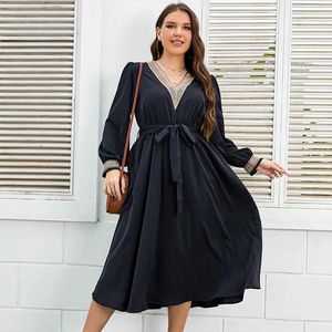 Basic Casual Dresses Plus Size Clothes Urban Office V Neck Bishop Slve Belted Women Spring Fall Elegant Strt A-line Oversized Casual Maxi Dresses Y240515