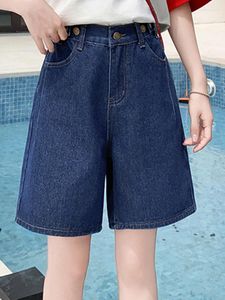 Kvinnors jeans 2024 flickor sommar vintage denim shorts kvinna elastisk hög midja tvättad bred ben baggy ljus blå djup lös capris