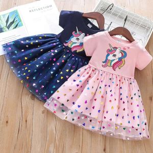 2024 Ny sommarklänning Cotton Cartoon Splicing Mesh Party Princess Dresses i 2-6 år flickor födelsedagskläder L2405