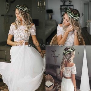 Modest Two Piece Wedding Dresses Boho Crop Top Lace Bateau Neckline Chiffon Country Wedding Dress Short Sleeve Button Back Cheap Bridal 2444