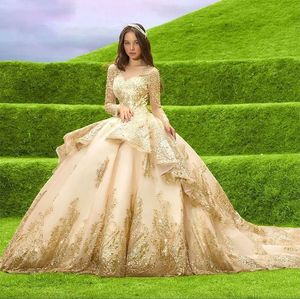 Champagne Gold Quinceanera Dresses Sequined Lace Appliques Sequins Crystal Beads Tiered Chapel Train Puffy Ball Gown Party Prom Evening Gowns Long Sleeves