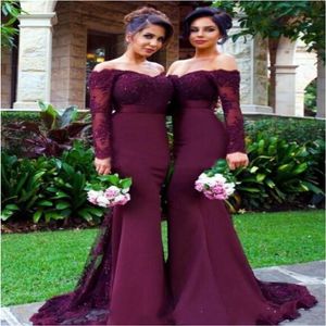 2020 Lace Appliques Off the Shoulder Maid of Honor Gowns Custom Made Formal Evening Dresses Burgundy Long Sleeves Mermaid Bridesmaid Dr 290g