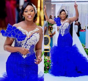 Aso Ebi Royal Blue Mermaid Prom Dress Beaded Crystals Tiers Evening Formal Party Second Reception Birthday Engagement Gowns Dresses Robe De Soiree