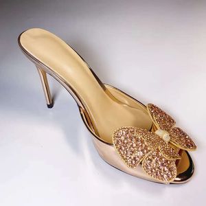 Ladies 2024 women Genuine real leather high heels summer sandals butterfly Flip-flops slipper slip-on wedding dress Gladiator sexy shoes diamond size 34-43 e8c1