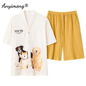 L3XL Mens Pyjamas Set Summer Fashion Shorts Kimono Kawaii Bear Printing Cotton Nightwear Cardigan Leisure for Men 240428
