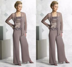Suits High Quality Beaded Mother Of The Bride Pant Suits With Jackets Square Neck Wedding Guest Dress Plus Size Chiffon Mothers Groom Dr